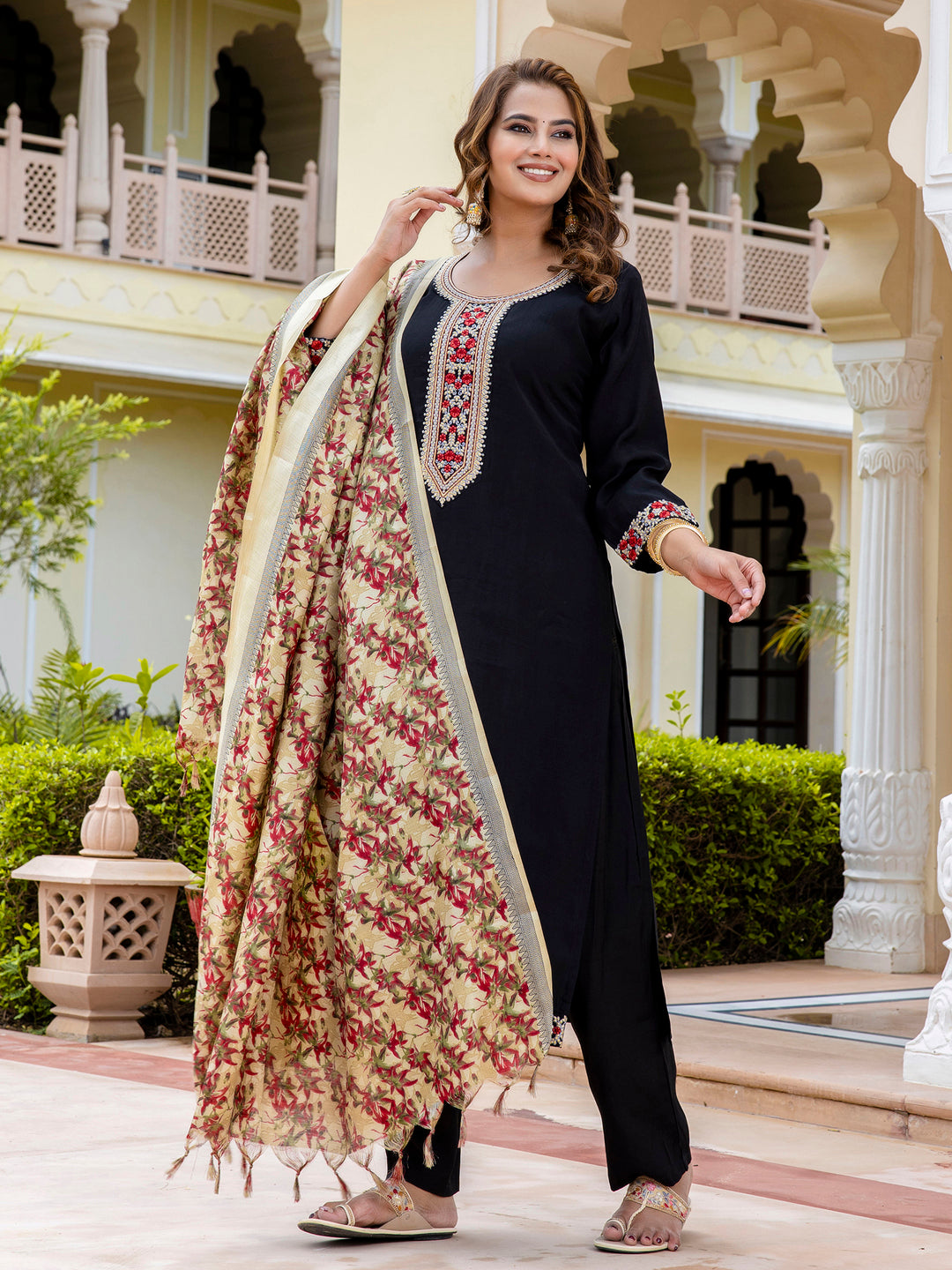 Women’s Viscose Roman Silk Embroidery Straight Kurta Pant with Dupatta Set - FitVibe Fashion