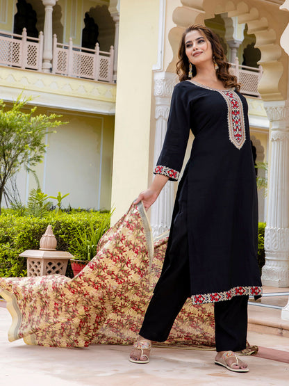 Women’s Viscose Roman Silk Embroidery Straight Kurta Pant with Dupatta Set - FitVibe Fashion