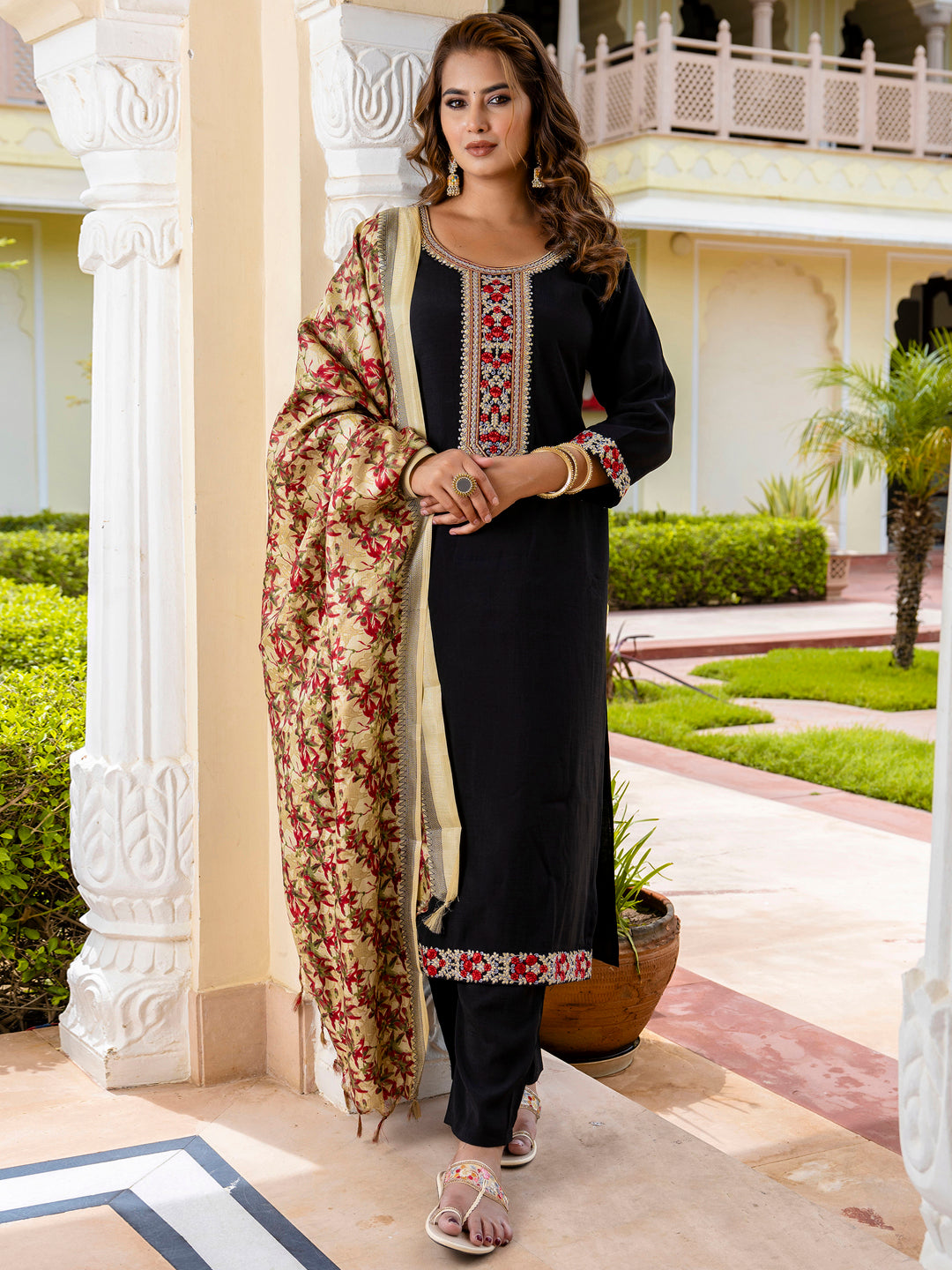 Women’s Viscose Roman Silk Embroidery Straight Kurta Pant with Dupatta Set - FitVibe Fashion