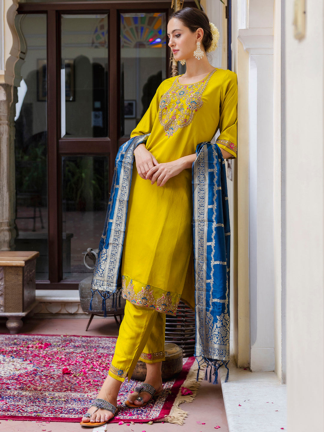 Viscose Rayon Embroidered Straight Kurta with Pant & Dupatta Set - FitVibe Fashion