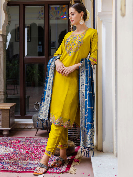 Viscose Rayon Embroidered Straight Kurta with Pant & Dupatta Set - FitVibe Fashion