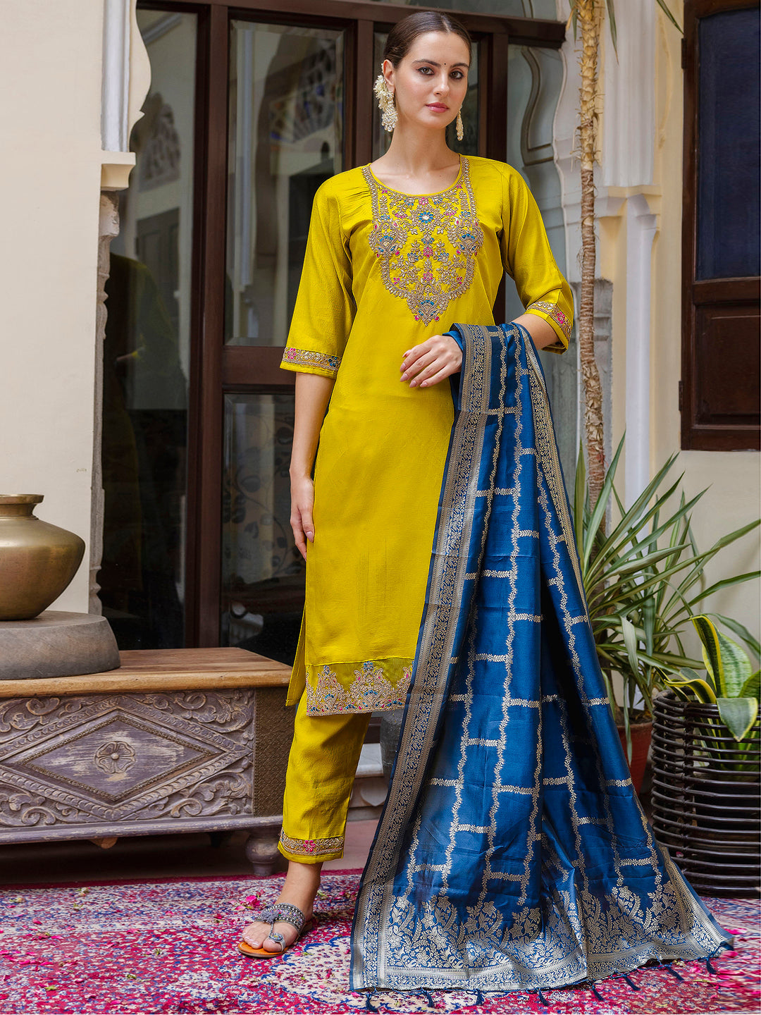Viscose Rayon Embroidered Straight Kurta with Pant & Dupatta Set - FitVibe Fashion