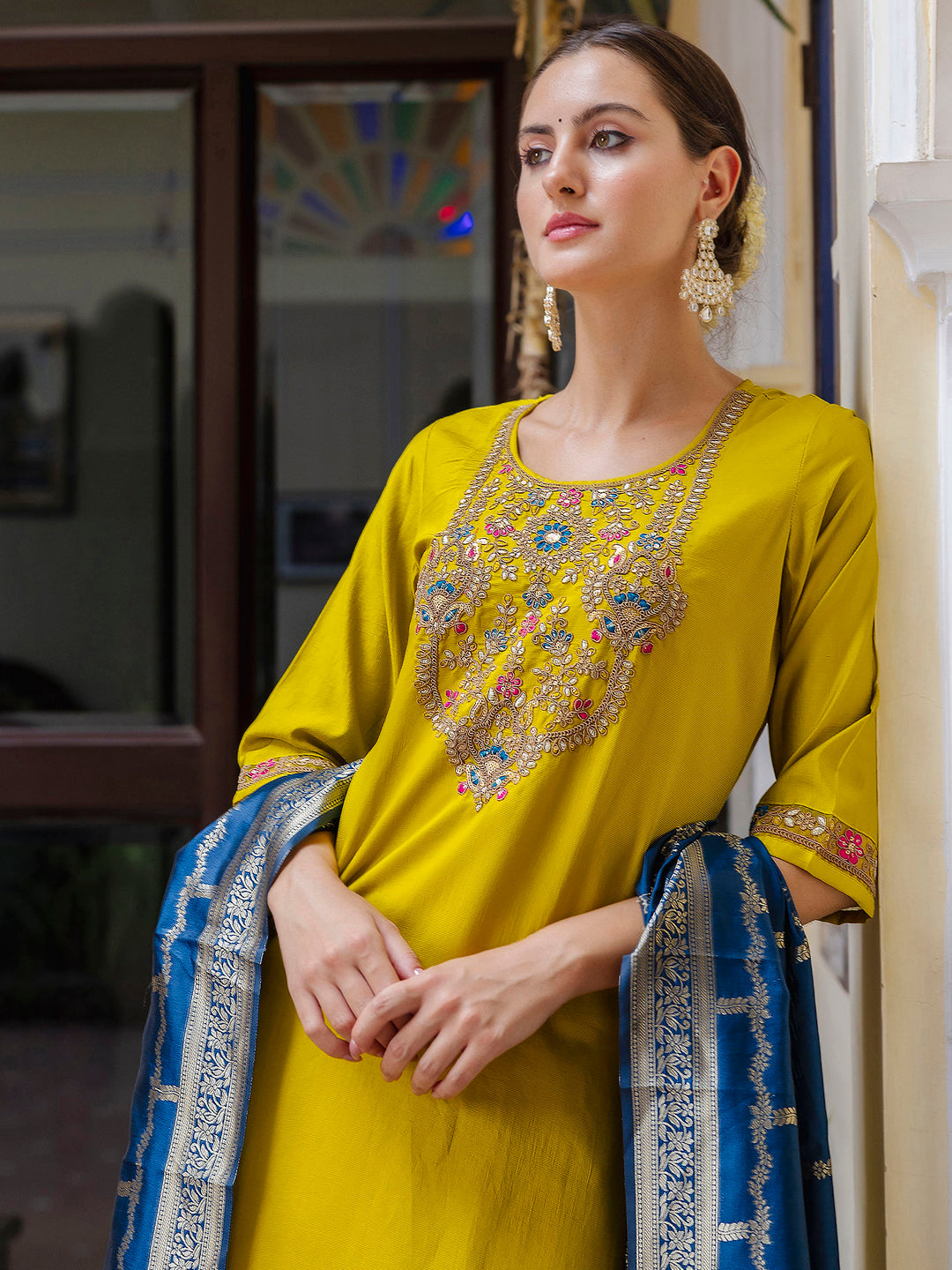 Viscose Rayon Embroidered Straight Kurta with Pant & Dupatta Set - FitVibe Fashion
