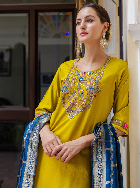 Viscose Rayon Embroidered Straight Kurta with Pant & Dupatta Set - FitVibe Fashion