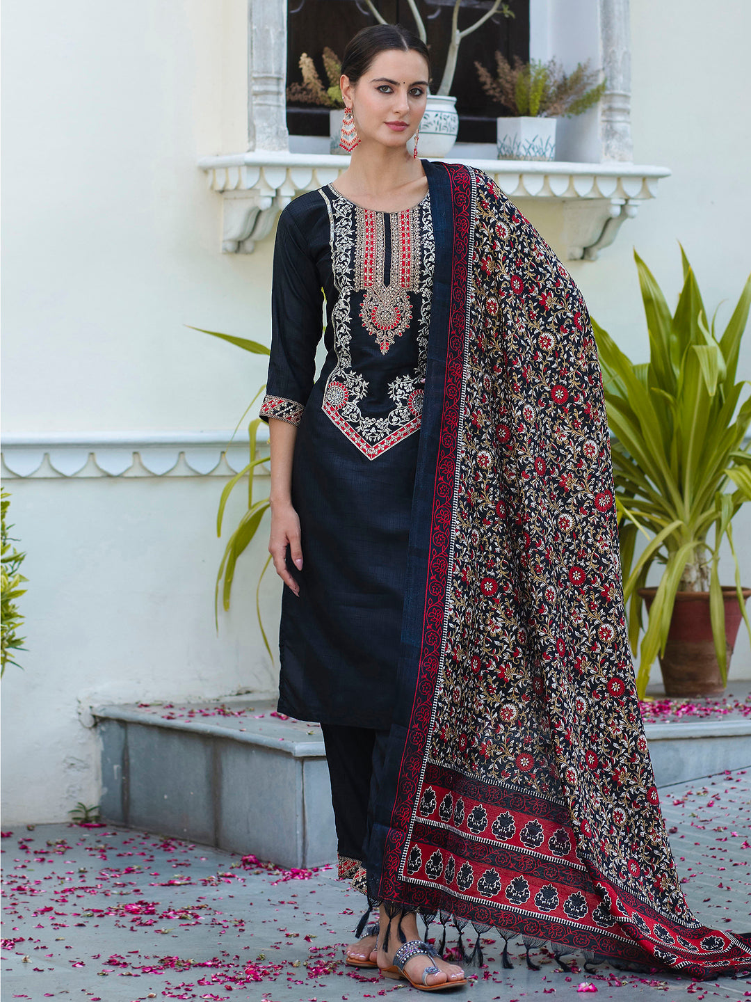 Embroidered Silk Blend Calf Length Straight Kurta Trouser with Dupatta Set - FitVibe Fashion
