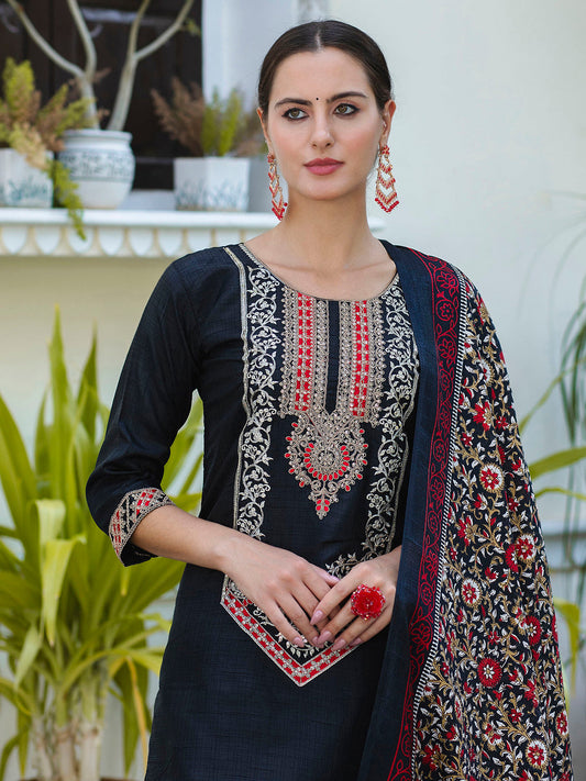 Embroidered Silk Blend Calf Length Straight Kurta Trouser with Dupatta Set - FitVibe Fashion
