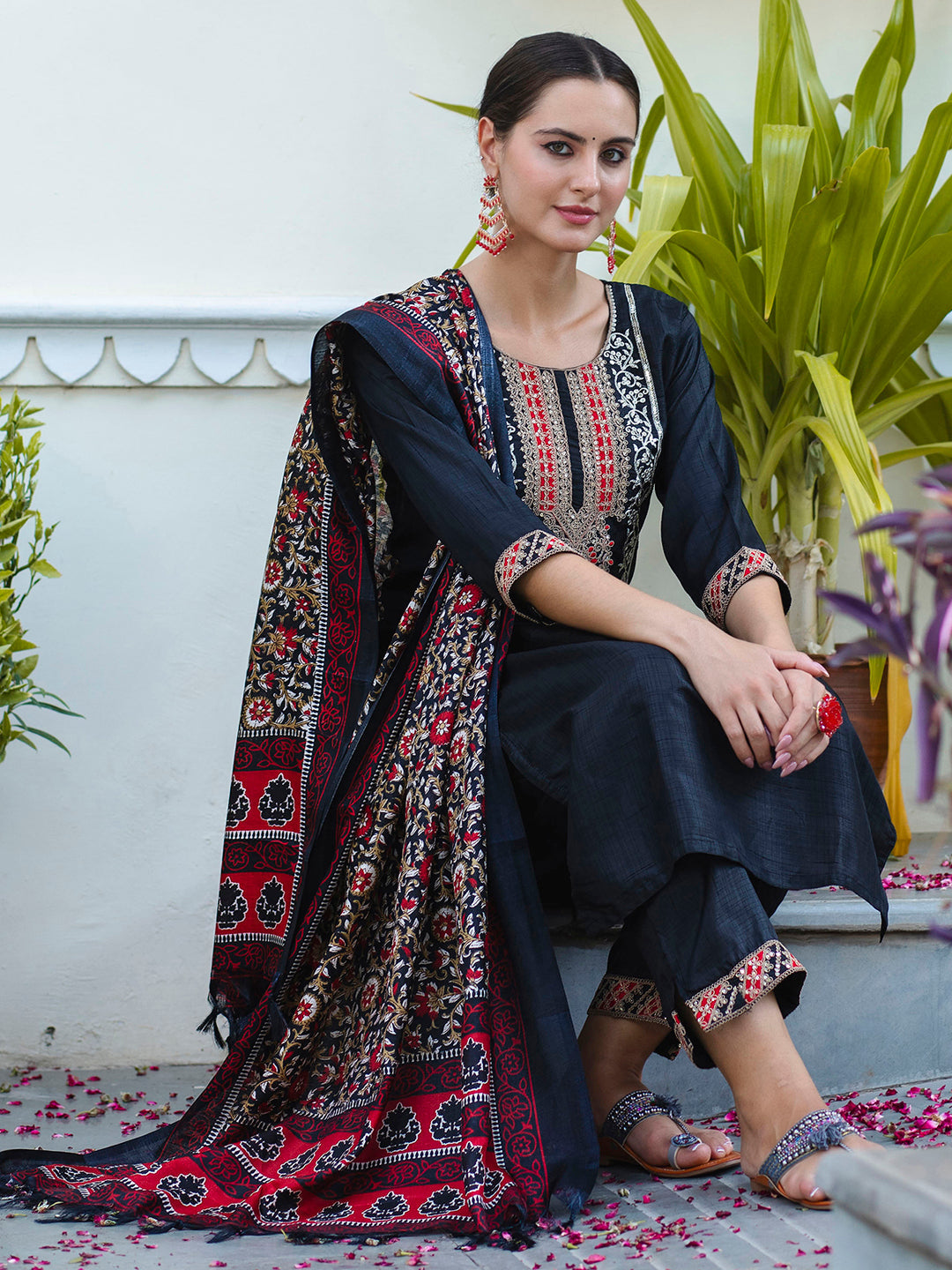 Embroidered Silk Blend Calf Length Straight Kurta Trouser with Dupatta Set - FitVibe Fashion