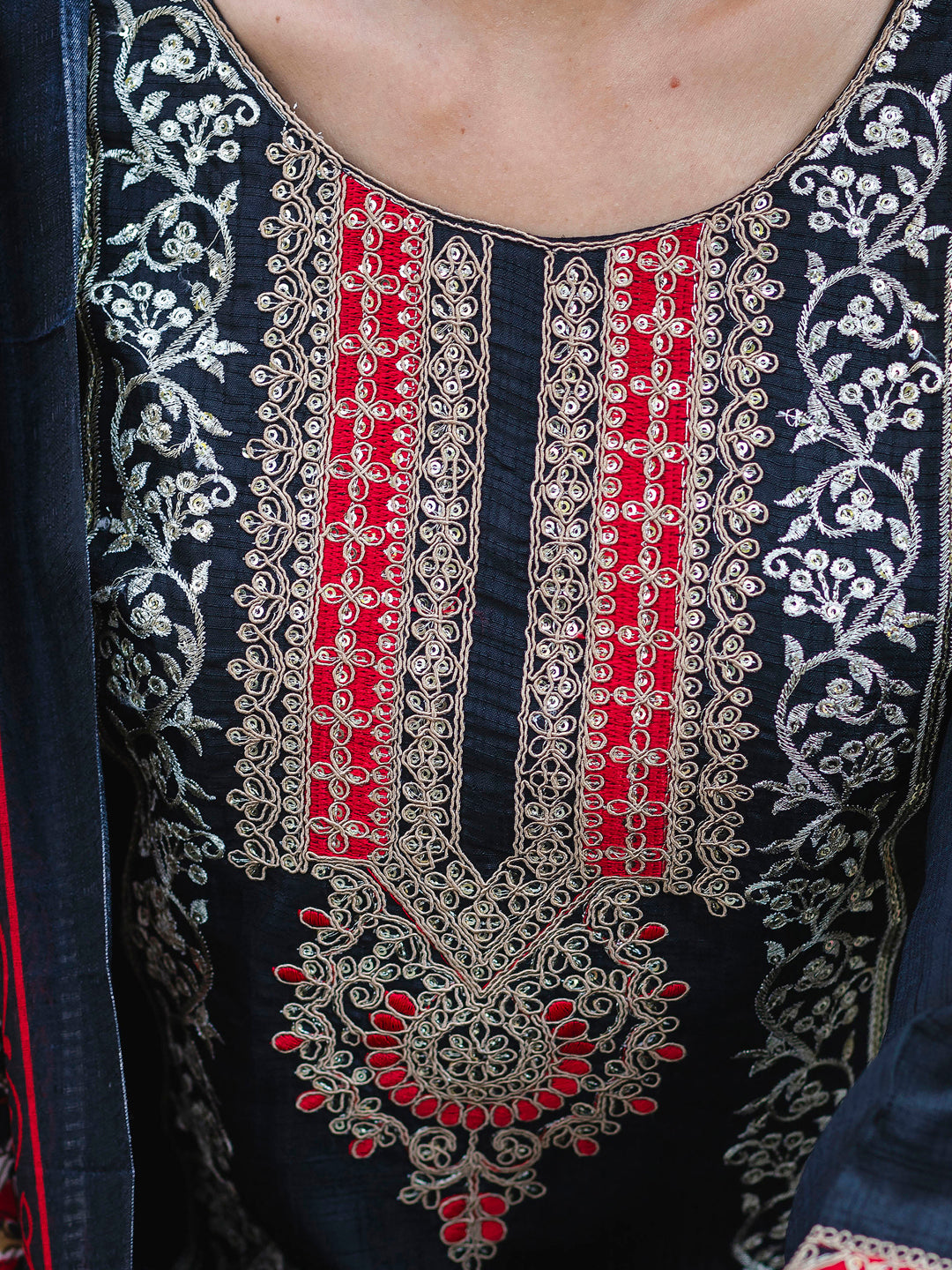 Embroidered Silk Blend Calf Length Straight Kurta Trouser with Dupatta Set - FitVibe Fashion