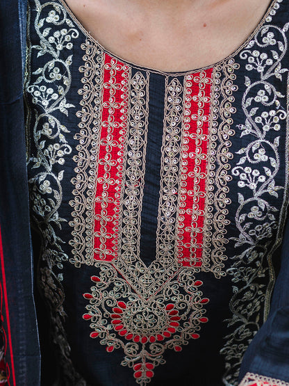 Embroidered Silk Blend Calf Length Straight Kurta Trouser with Dupatta Set - FitVibe Fashion