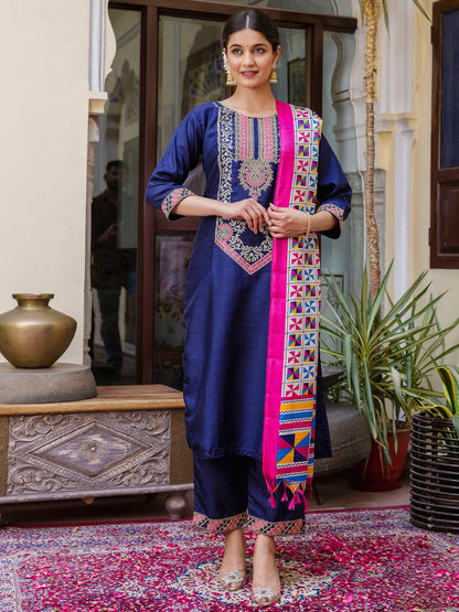 Embroidered Silk Blend Calf Length Straight Kurta Trouser with Dupatta Set - FitVibe Fashion