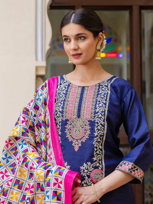 Embroidered Silk Blend Calf Length Straight Kurta Trouser with Dupatta Set - FitVibe Fashion