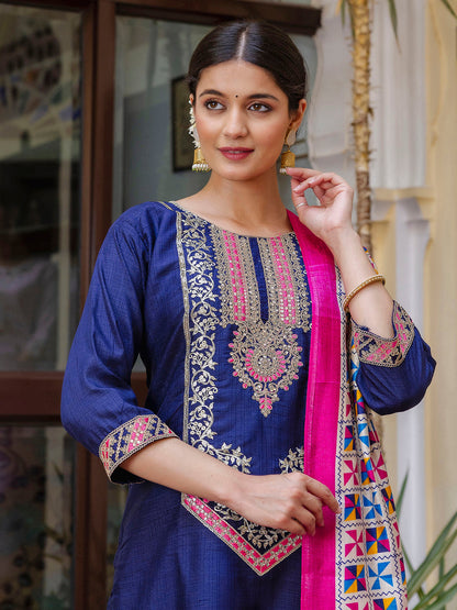 Embroidered Silk Blend Calf Length Straight Kurta Trouser with Dupatta Set - FitVibe Fashion