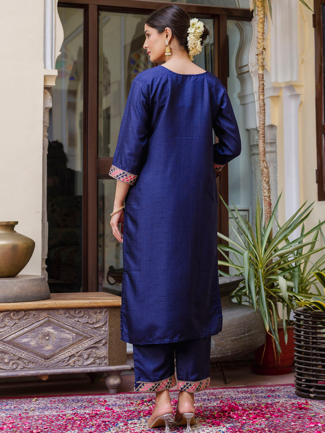 Embroidered Silk Blend Calf Length Straight Kurta Trouser with Dupatta Set - FitVibe Fashion