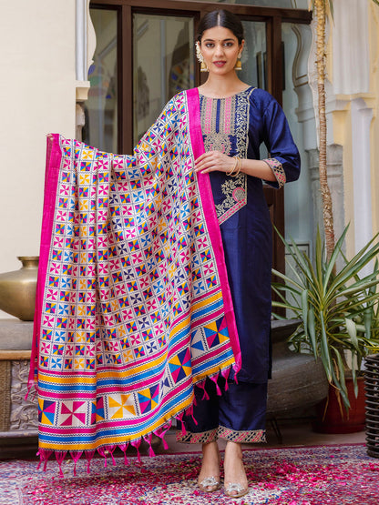 Embroidered Silk Blend Calf Length Straight Kurta Trouser with Dupatta Set - FitVibe Fashion