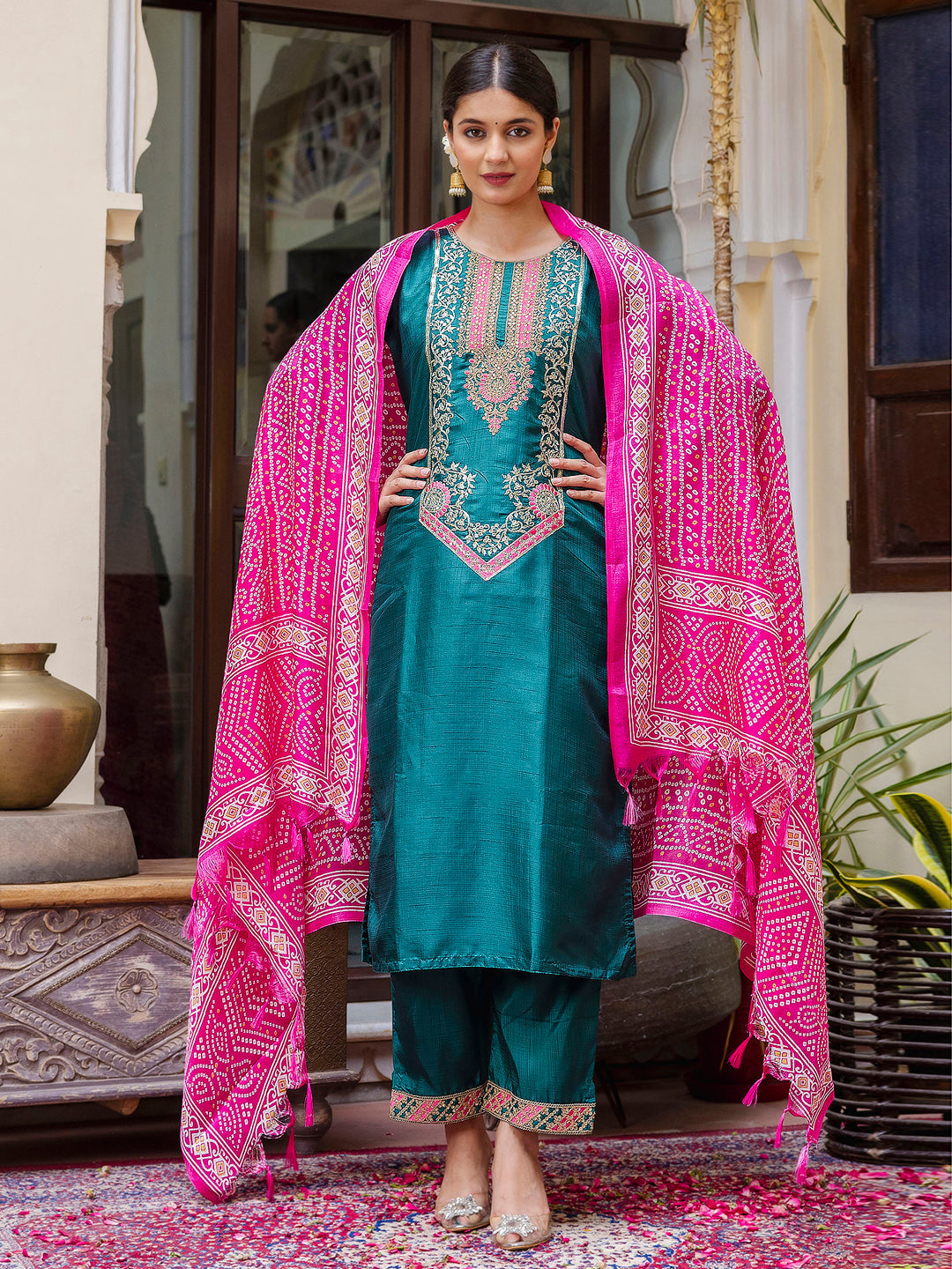 Embroidered Silk Blend Calf Length Straight Kurta Trouser with Dupatta Set - FitVibe Fashion