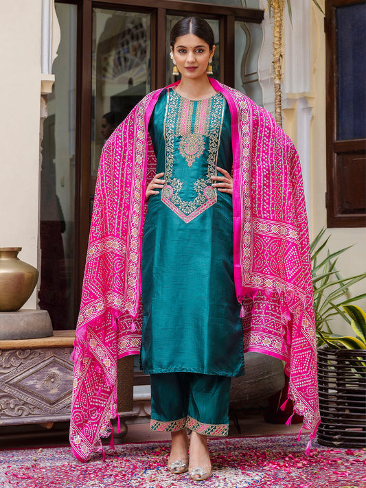 Embroidered Silk Blend Calf Length Straight Kurta Trouser with Dupatta Set - FitVibe Fashion
