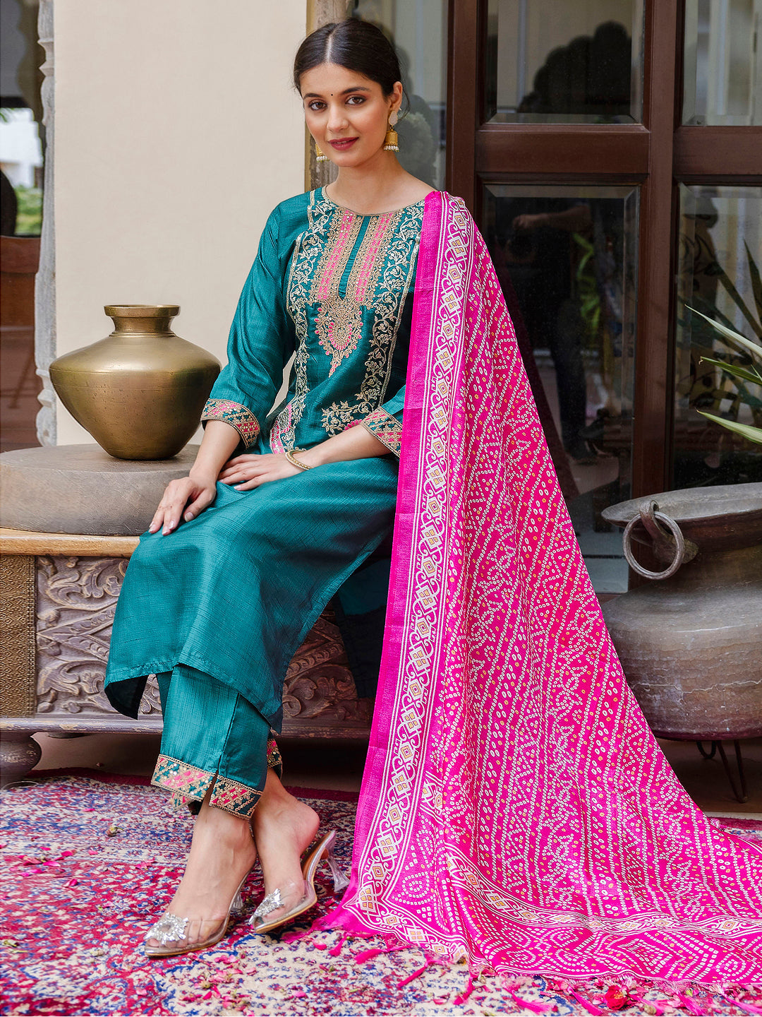 Embroidered Silk Blend Calf Length Straight Kurta Trouser with Dupatta Set - FitVibe Fashion