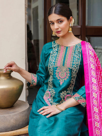 Embroidered Silk Blend Calf Length Straight Kurta Trouser with Dupatta Set - FitVibe Fashion