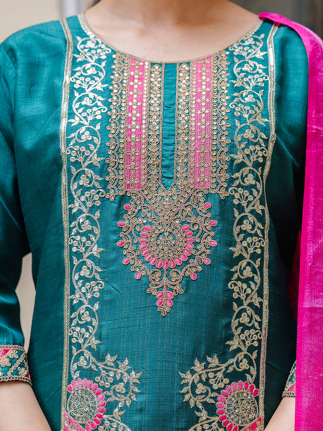 Embroidered Silk Blend Calf Length Straight Kurta Trouser with Dupatta Set - FitVibe Fashion