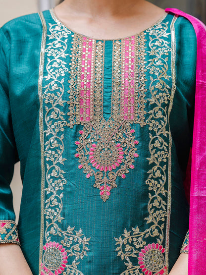 Embroidered Silk Blend Calf Length Straight Kurta Trouser with Dupatta Set - FitVibe Fashion