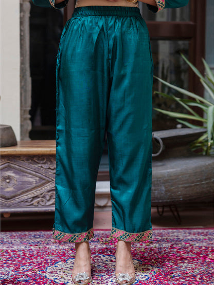 Embroidered Silk Blend Calf Length Straight Kurta Trouser with Dupatta Set - FitVibe Fashion