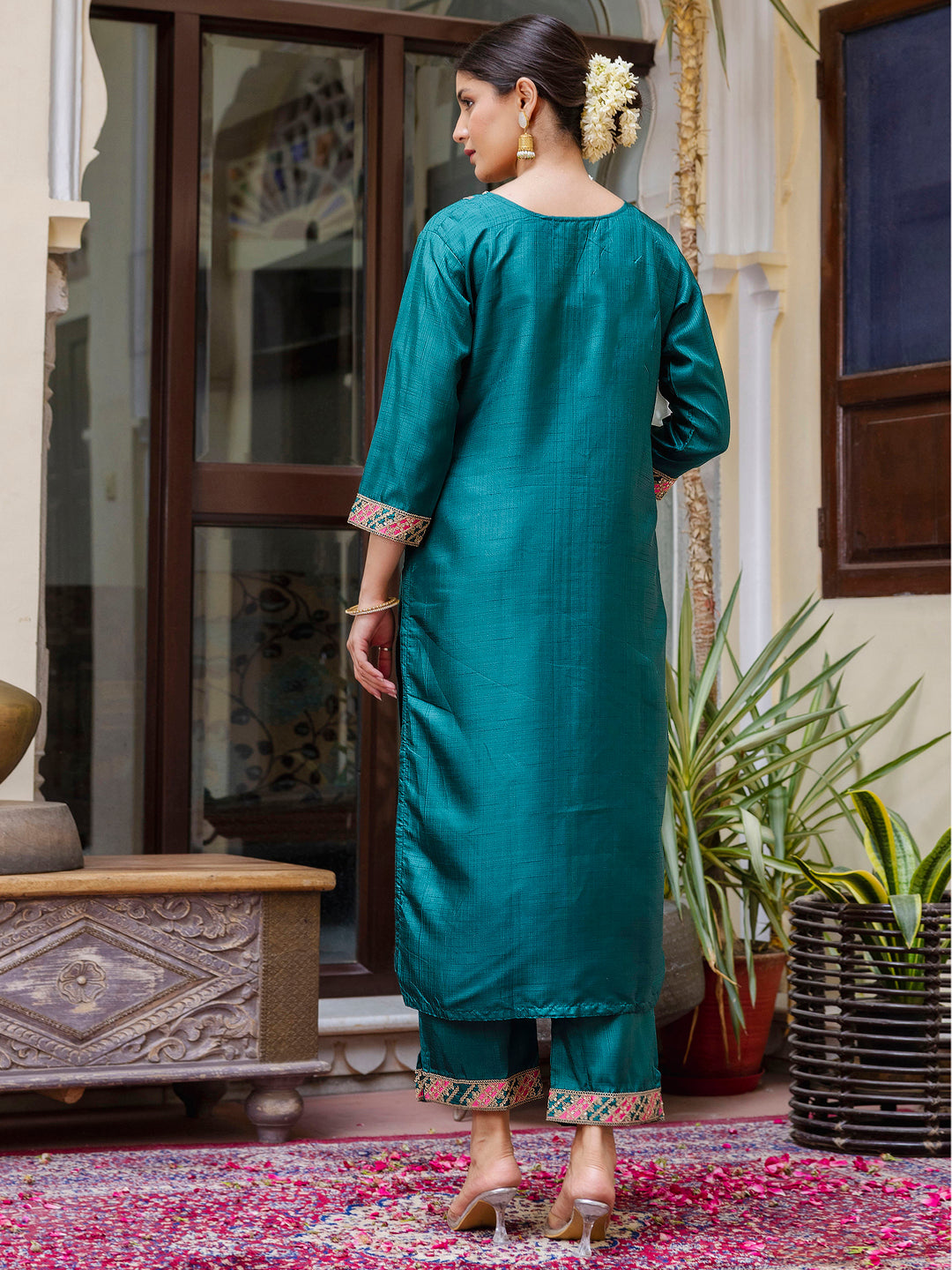 Embroidered Silk Blend Calf Length Straight Kurta Trouser with Dupatta Set - FitVibe Fashion