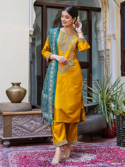 Embroidered Silk Blend Calf Length Straight Kurta Trouser with Dupatta Set - FitVibe Fashion