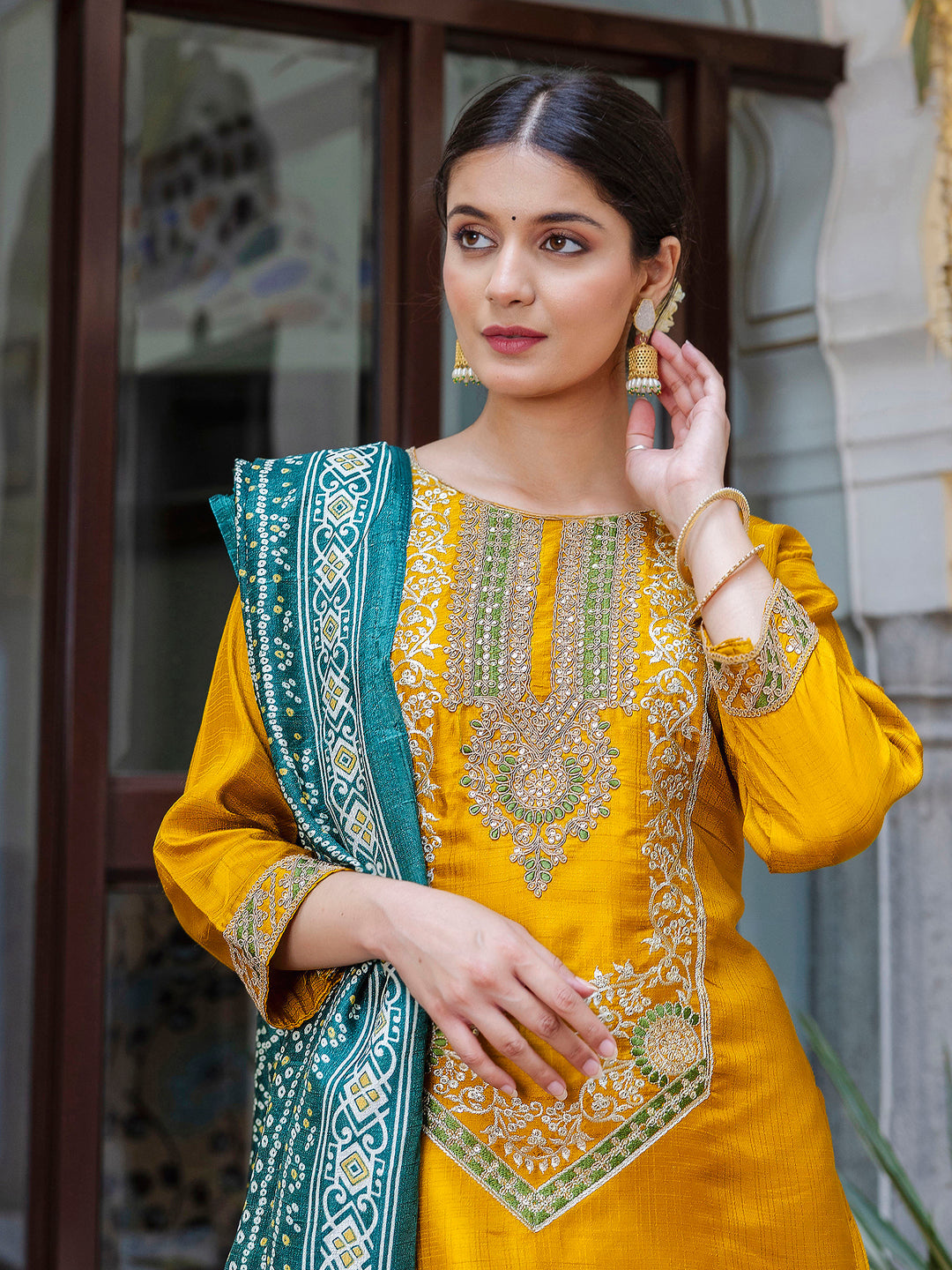 Embroidered Silk Blend Calf Length Straight Kurta Trouser with Dupatta Set - FitVibe Fashion