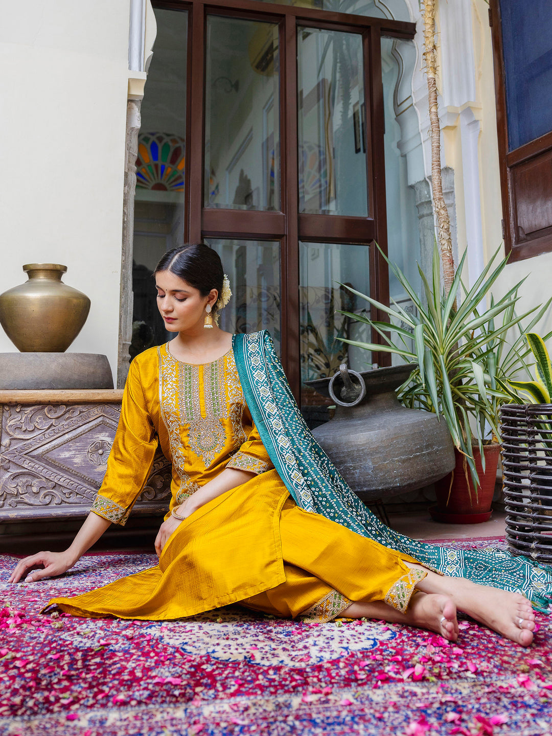 Embroidered Silk Blend Calf Length Straight Kurta Trouser with Dupatta Set - FitVibe Fashion