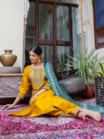 Embroidered Silk Blend Calf Length Straight Kurta Trouser with Dupatta Set - FitVibe Fashion