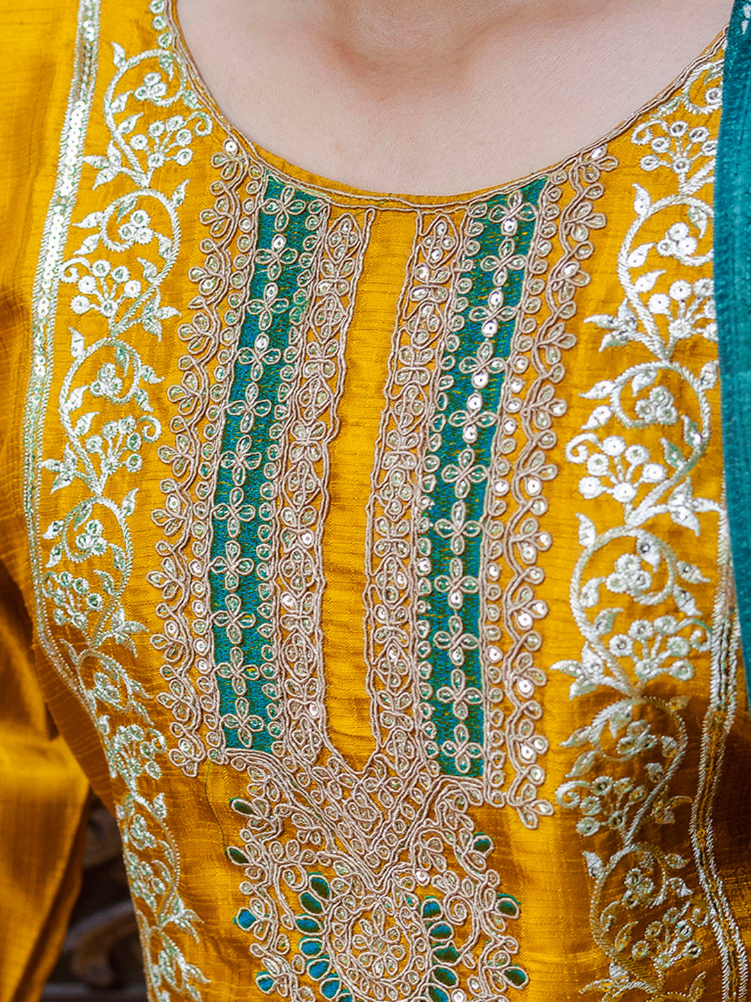 Embroidered Silk Blend Calf Length Straight Kurta Trouser with Dupatta Set - FitVibe Fashion