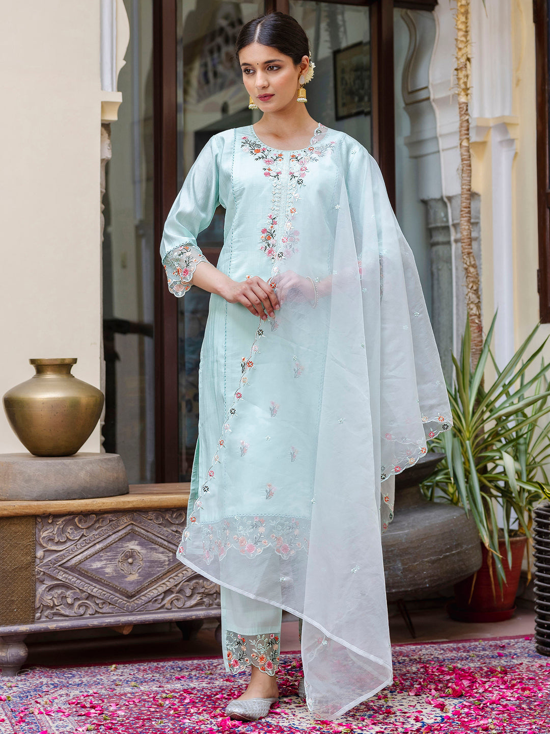 Women Kurta and Pant Sets Viscose Roman Silk Fabric - FitVibe Fashion