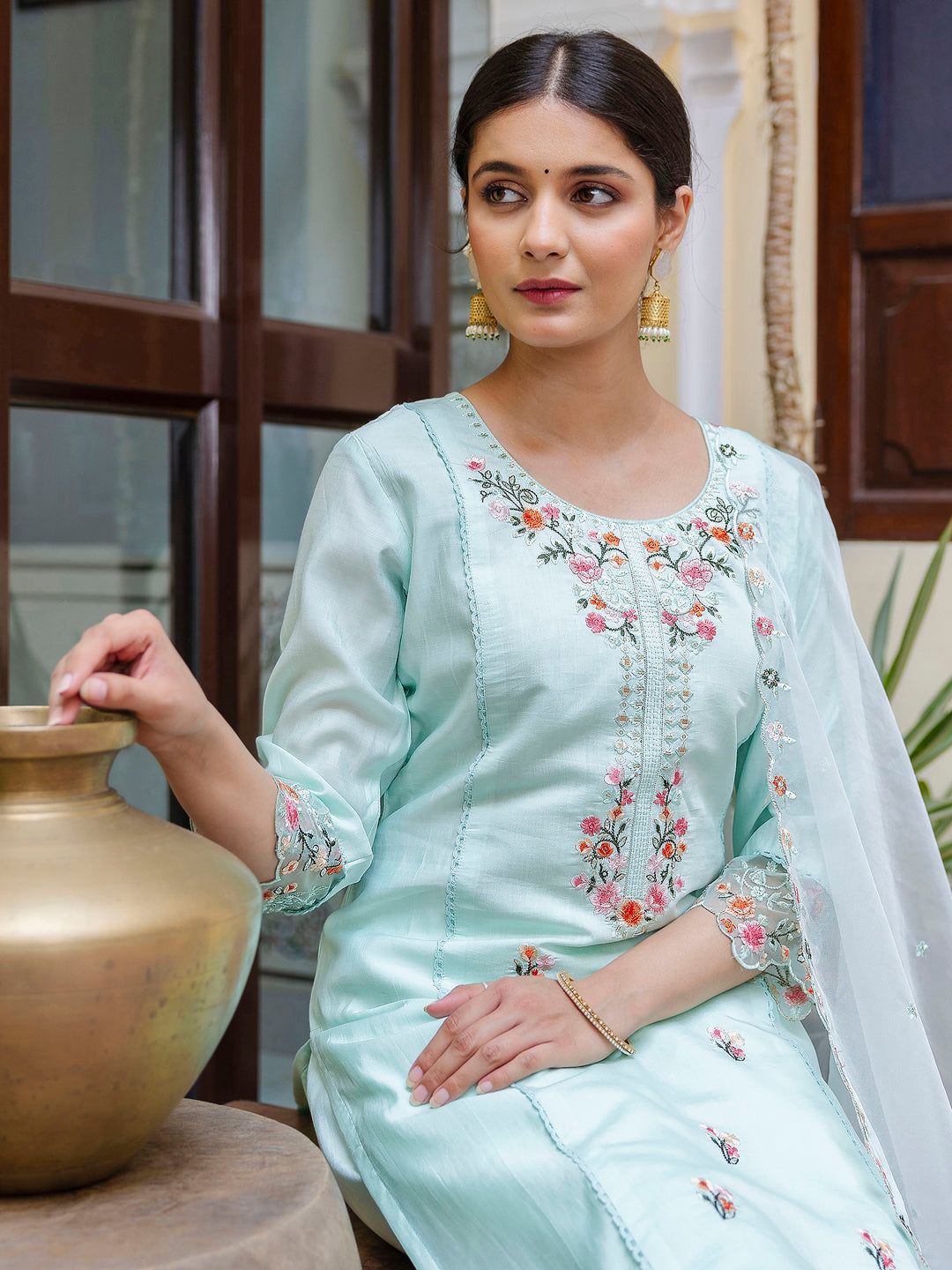 Women Kurta and Pant Sets Viscose Roman Silk Fabric - FitVibe Fashion
