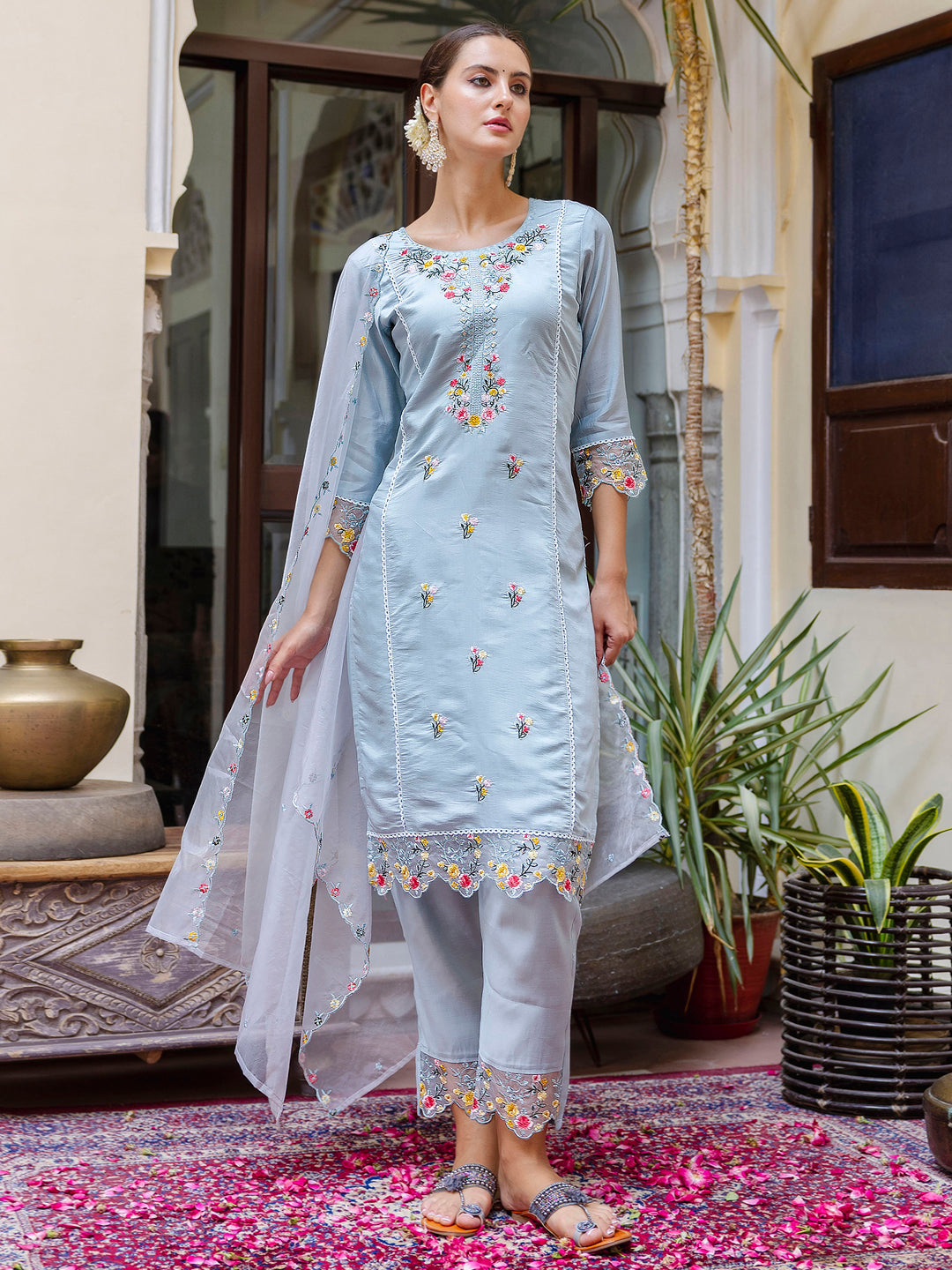 Women Kurta and Pant Sets Viscose Roman Silk Fabric - FitVibe Fashion