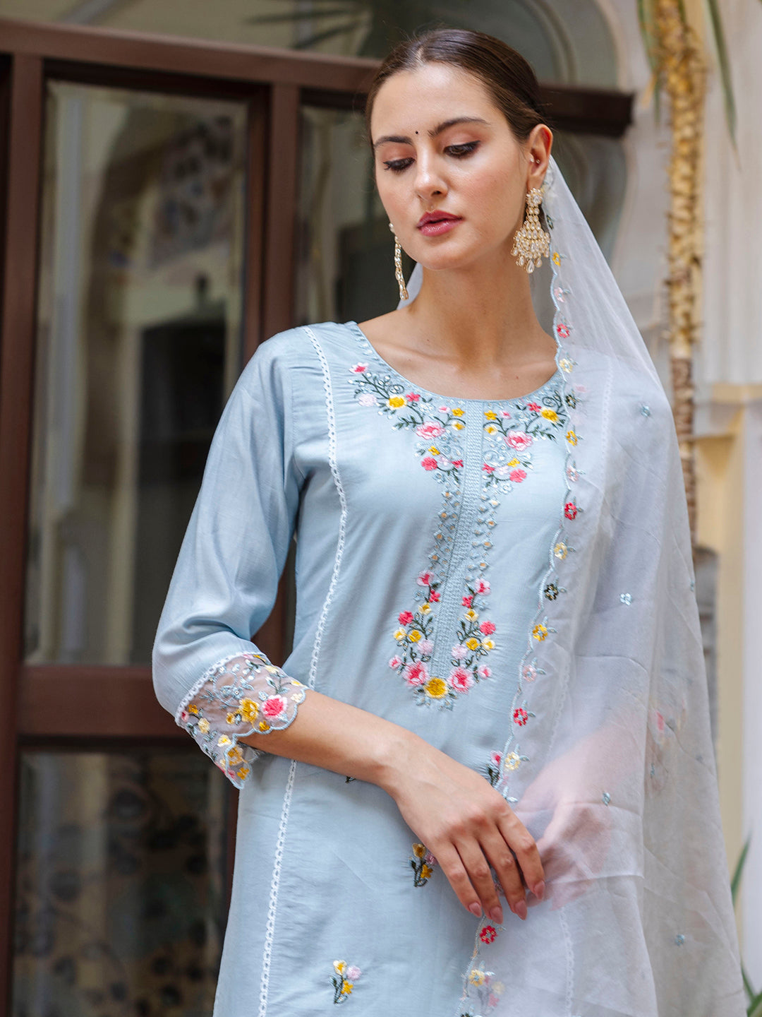 Women Kurta and Pant Sets Viscose Roman Silk Fabric - FitVibe Fashion