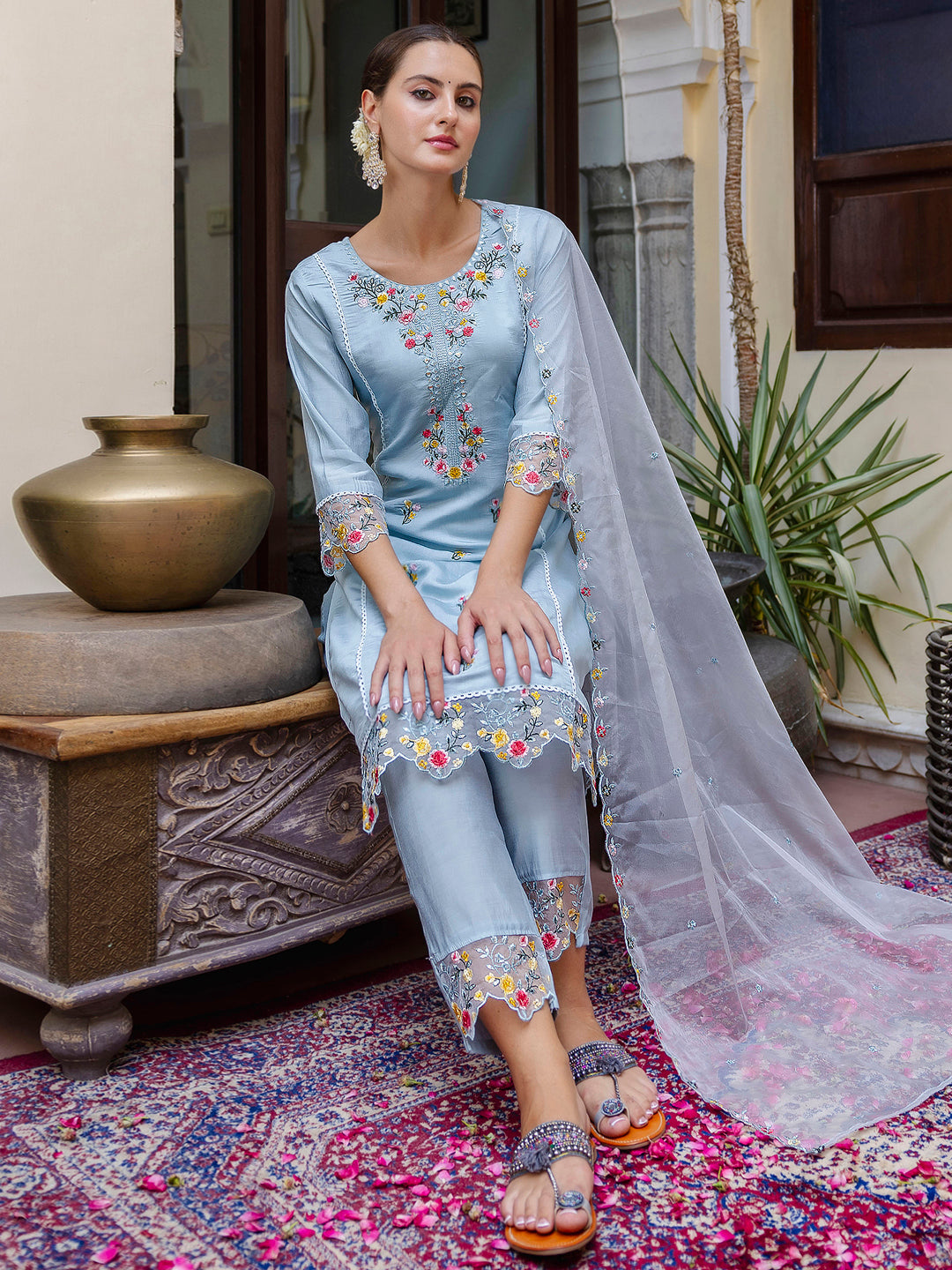 Women Kurta and Pant Sets Viscose Roman Silk Fabric - FitVibe Fashion