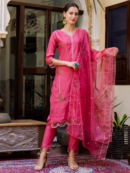 Kalki Pink Floral Embroidered Straight Kurta With Trouser And Dupatta - FitVibe Fashion