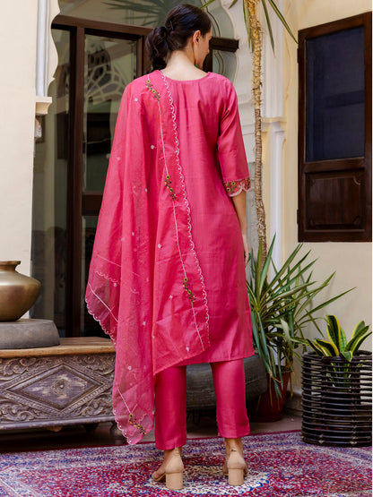 Kalki Pink Floral Embroidered Straight Kurta With Trouser And Dupatta - FitVibe Fashion