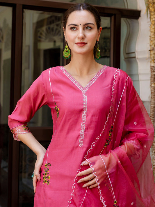 Kalki Pink Floral Embroidered Straight Kurta With Trouser And Dupatta - FitVibe Fashion