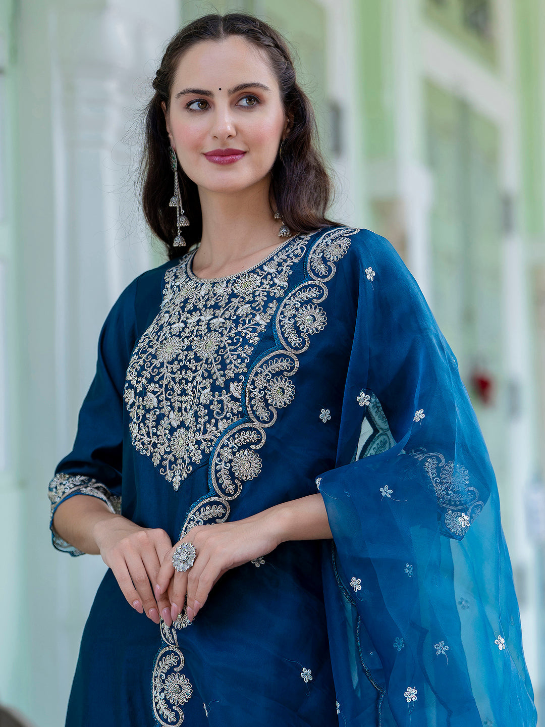 Silk Blend Kurta Set with Pant Dupatta Set - FitVibe Fashion