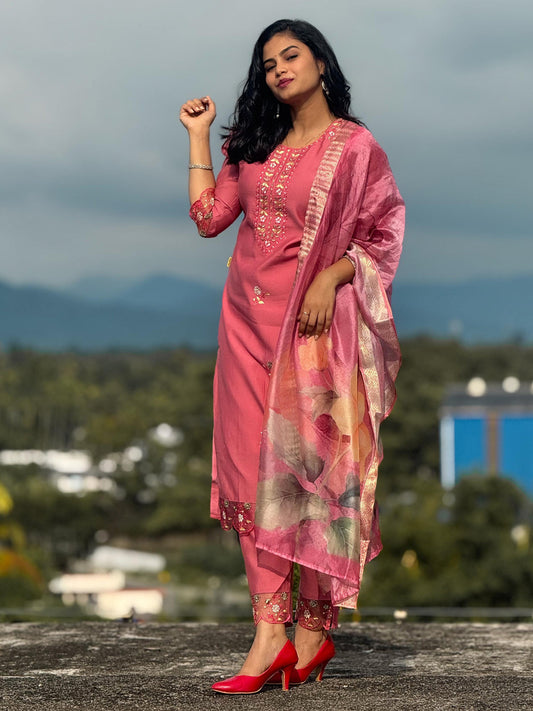 Peach Women's Embroidered Yoke Design Straight Kurta Set suits - FitVibe Fashion