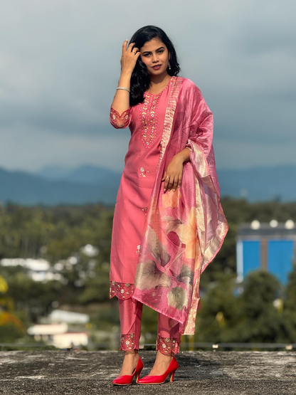 Peach Women's Embroidered Yoke Design Straight Kurta Set suits - FitVibe Fashion