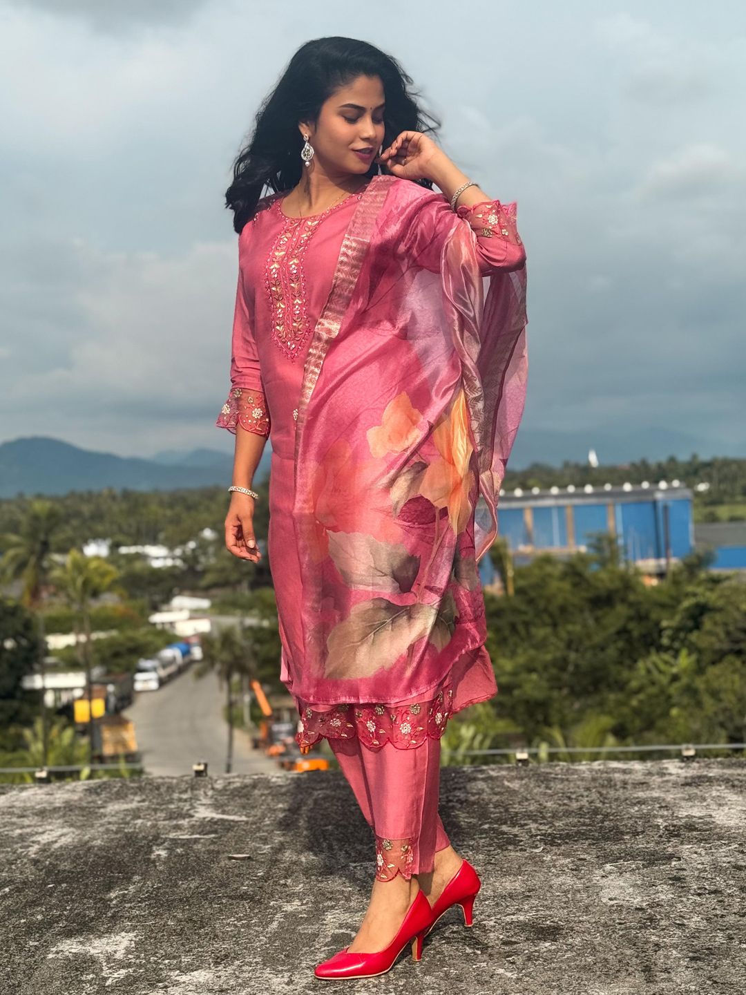 Peach Women's Embroidered Yoke Design Straight Kurta Set suits - FitVibe Fashion