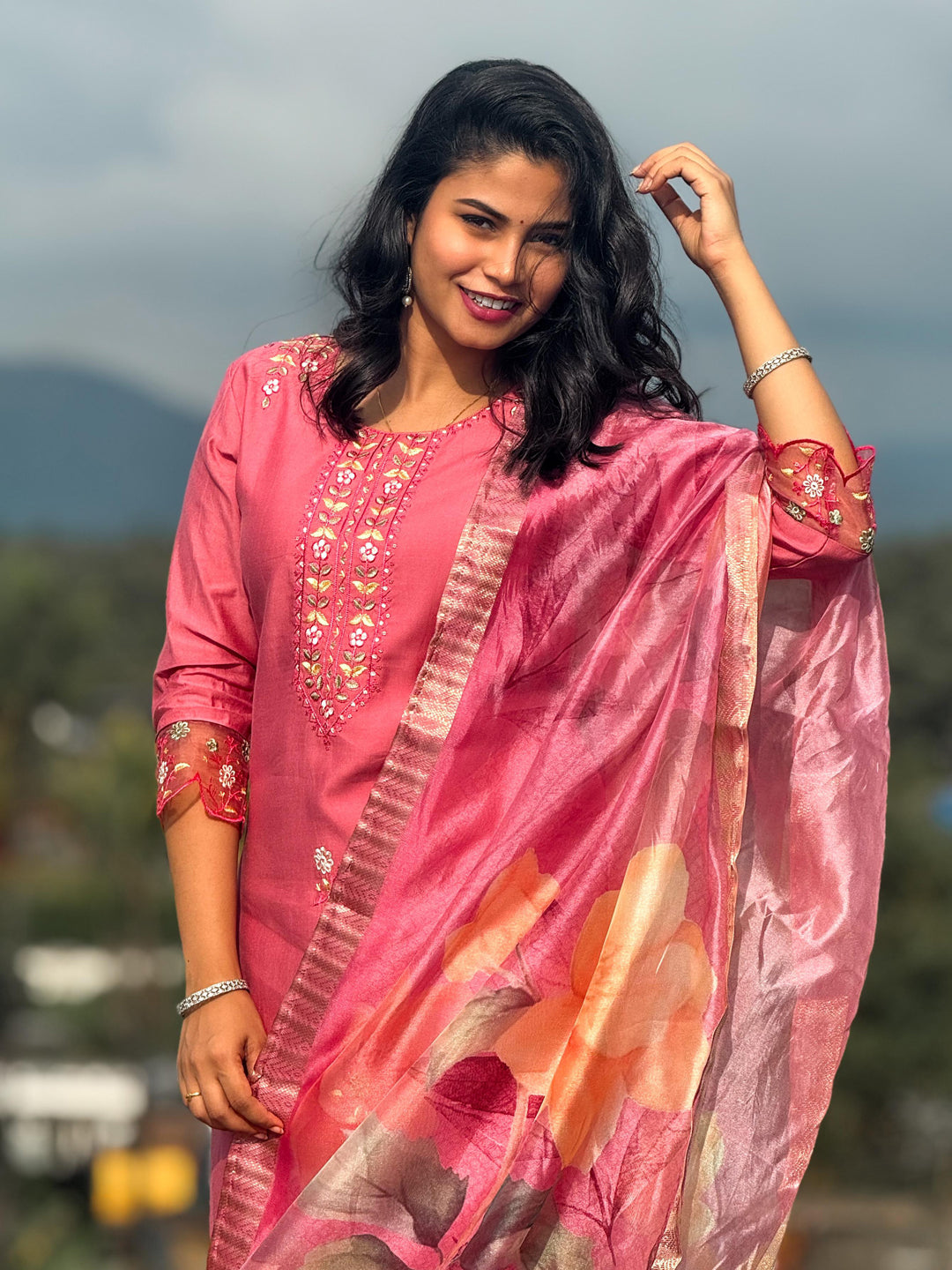 Peach Women's Embroidered Yoke Design Straight Kurta Set suits - FitVibe Fashion