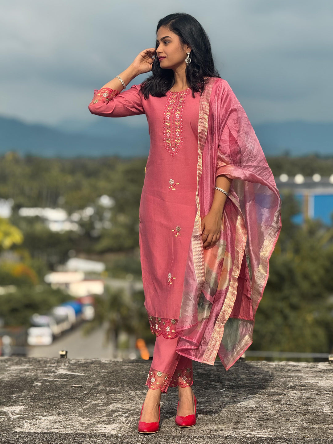 Peach Women's Embroidered Yoke Design Straight Kurta Set suits - FitVibe Fashion