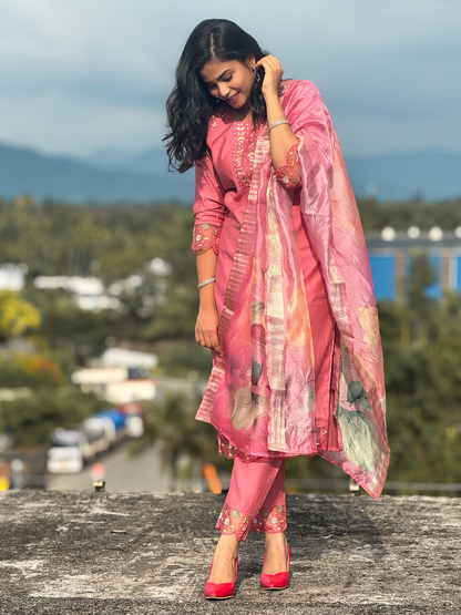 Peach Women's Embroidered Yoke Design Straight Kurta Set suits - FitVibe Fashion