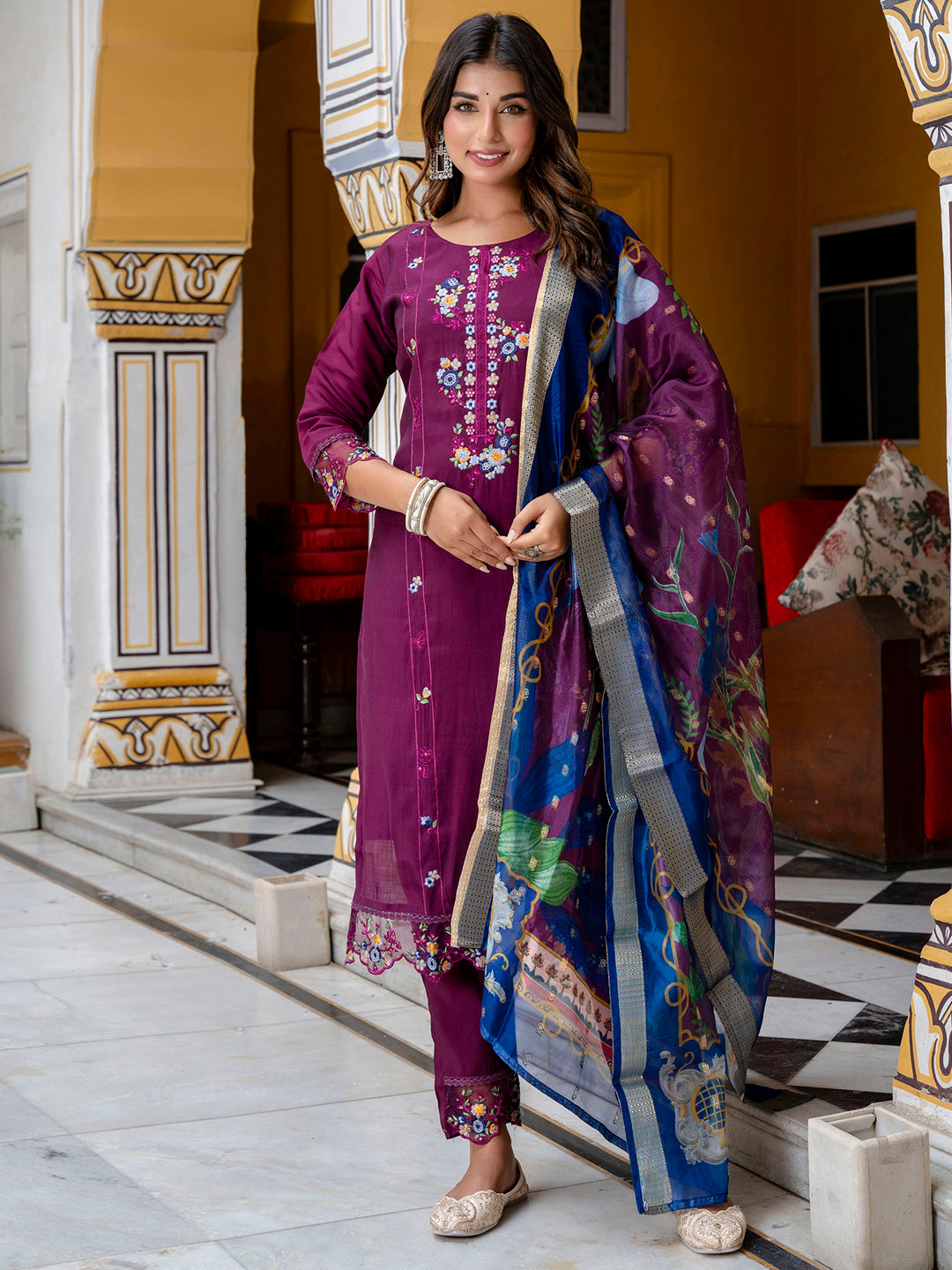 Women Silk Blend Kurta Pant Dupatta Set - FitVibe Fashion