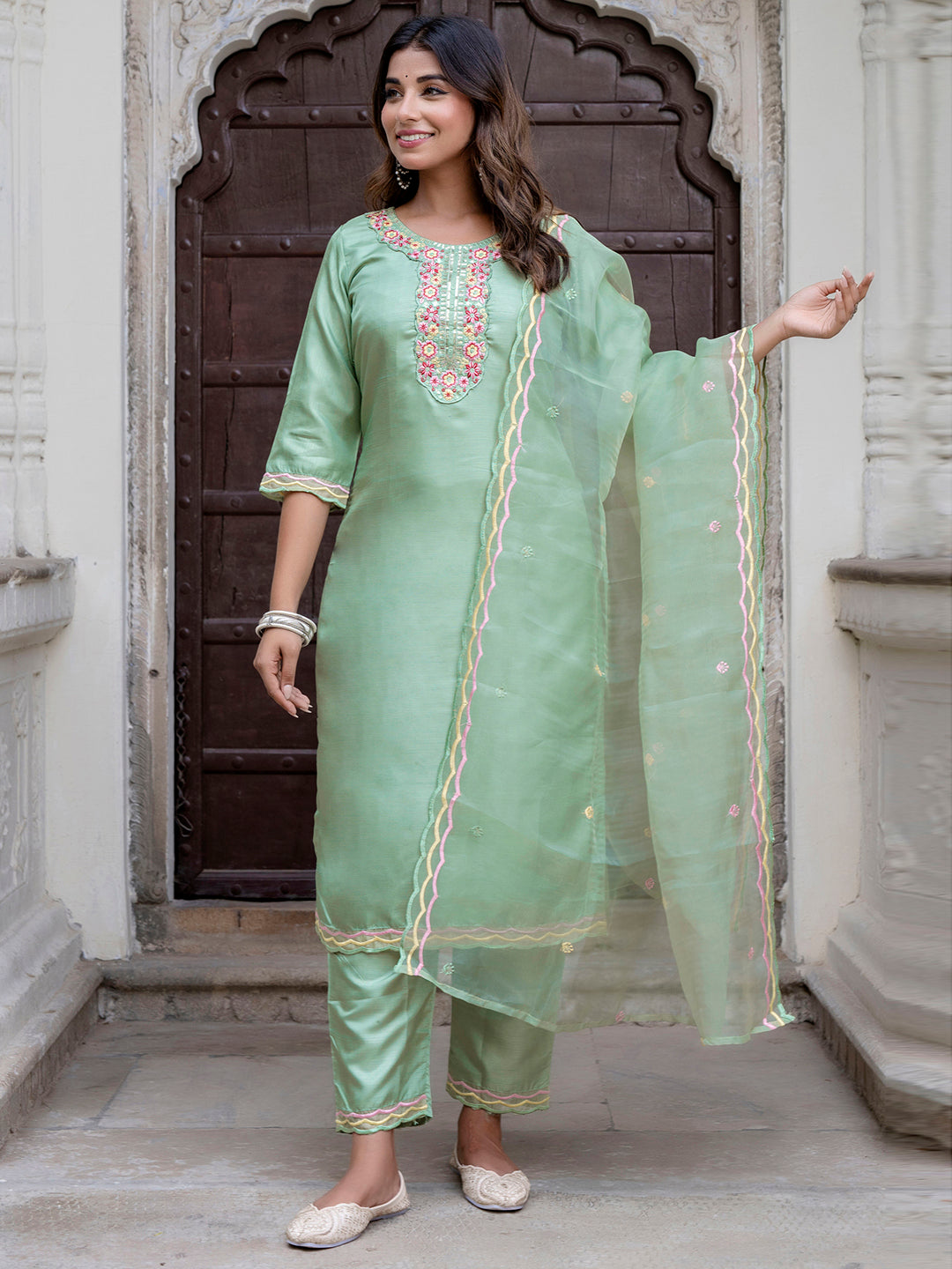 Women Silk Blend Kurta Pant Dupatta Set - FitVibe Fashion