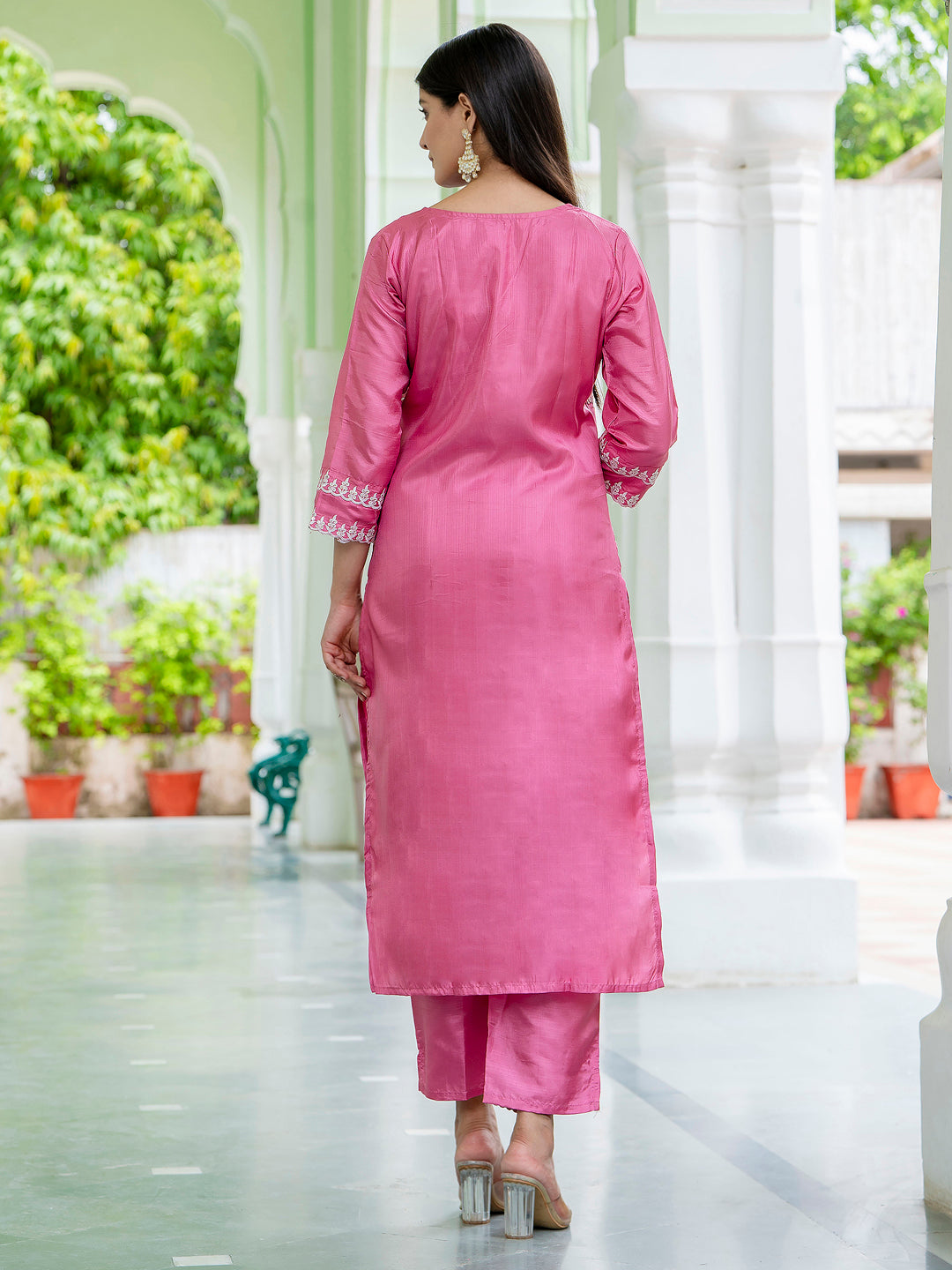 Pink Women's Silk Blend Embroidered Kurta with Pant & Dupatta Set - FitVibe Fashion