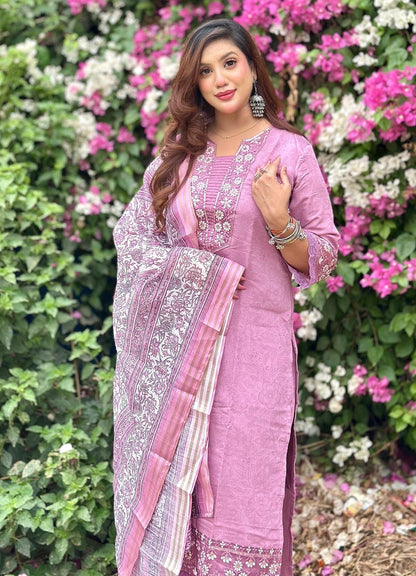 Lavanya Women's Embroidered Silk Blend Calf Length Straight Kurta Trouser with Dupatta Set - FitVibe Fashion